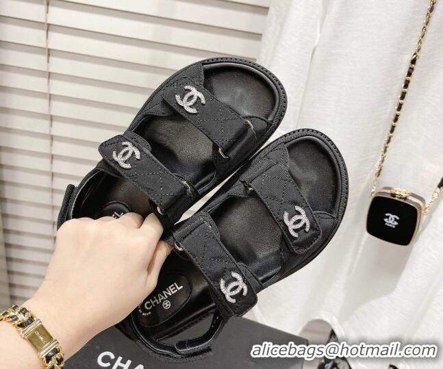 Expensive Chanel Quilted Fabric Strap Flat Sandals 021538 Black