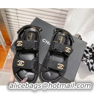 Perfect Chanel Quilted Fabric Strap Flat Sandals 021543 Black