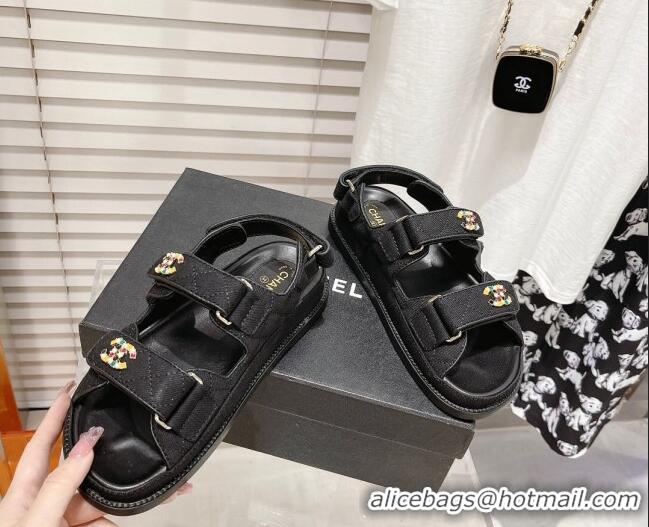 Perfect Chanel Quilted Fabric Strap Flat Sandals 021543 Black