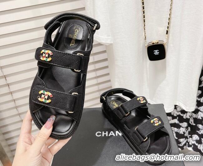 Perfect Chanel Quilted Fabric Strap Flat Sandals 021543 Black