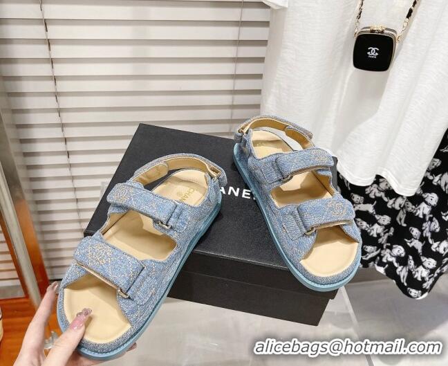 Good Quality Chanel Denim Strap Flat Sandals 021541 Light Blue