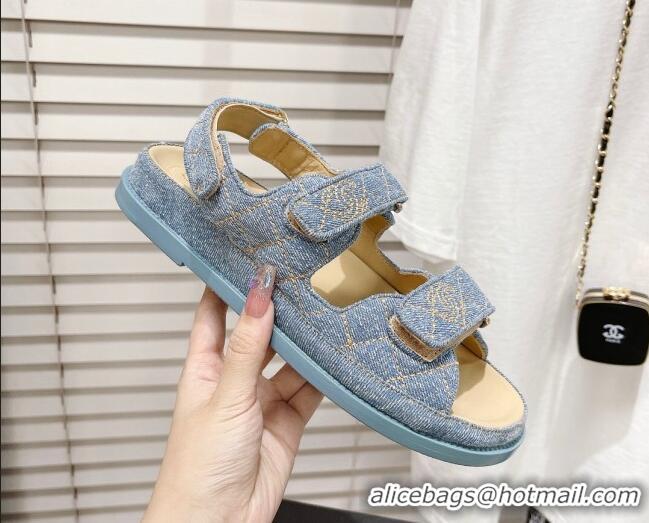 Good Quality Chanel Denim Strap Flat Sandals 021541 Light Blue