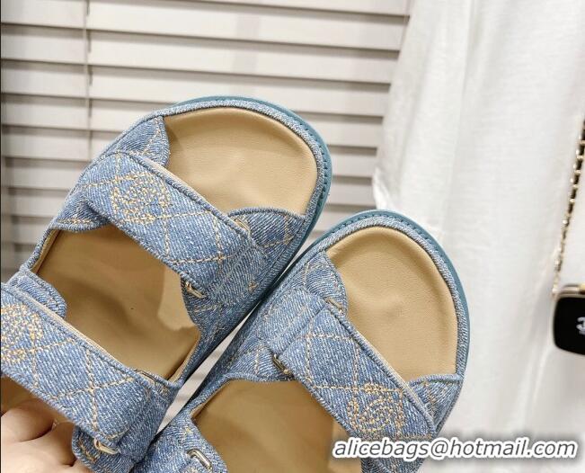 Good Quality Chanel Denim Strap Flat Sandals 021541 Light Blue