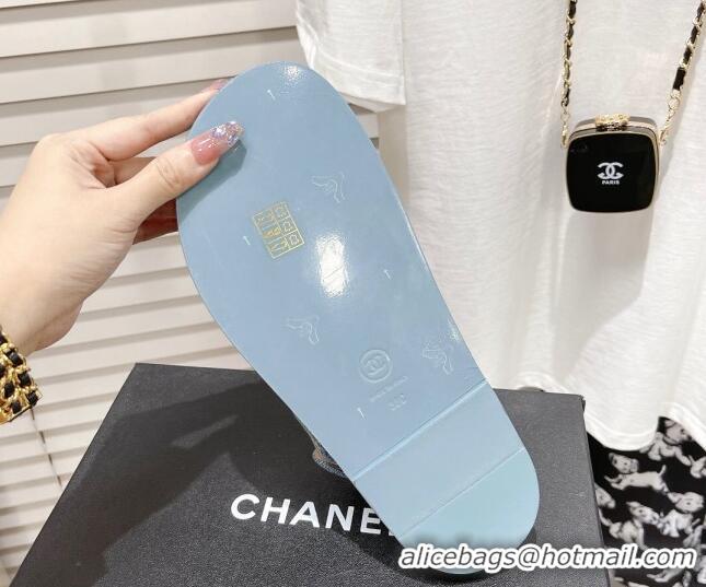 Good Quality Chanel Denim Strap Flat Sandals 021541 Light Blue