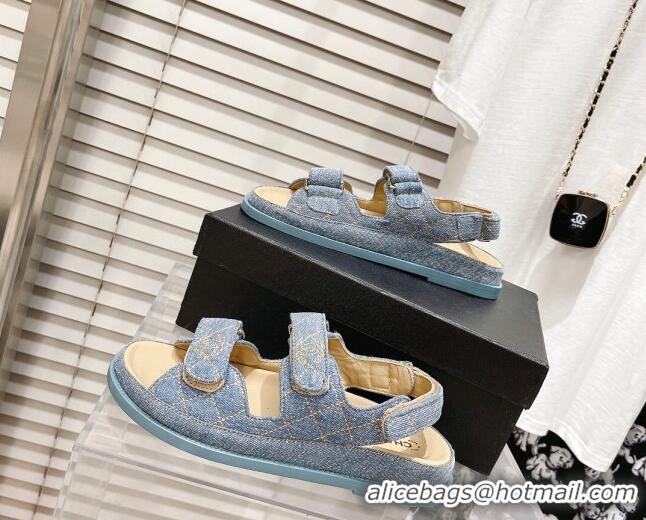 Good Quality Chanel Denim Strap Flat Sandals 021541 Light Blue