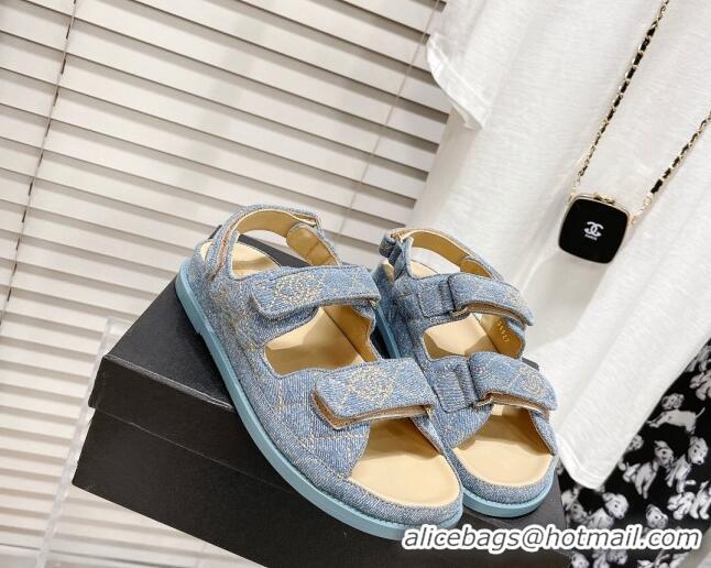 Good Quality Chanel Denim Strap Flat Sandals 021541 Light Blue