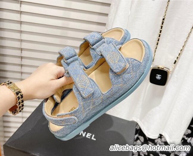 Good Quality Chanel Denim Strap Flat Sandals 021541 Light Blue