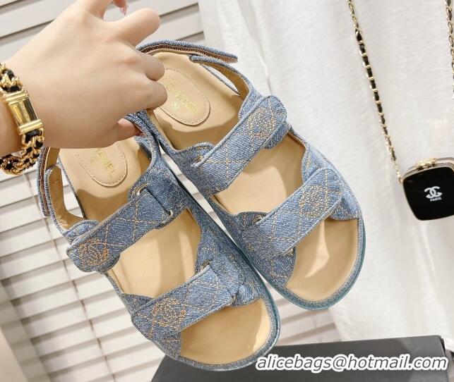 Good Quality Chanel Denim Strap Flat Sandals 021541 Light Blue