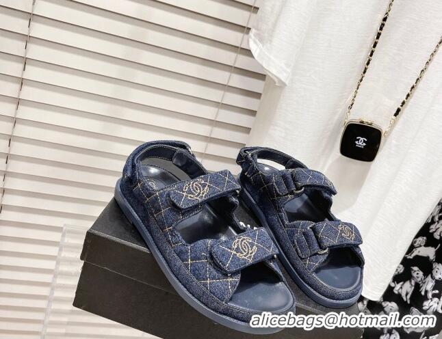 Luxurious Chanel Denim Strap Flat Sandals 021541 Dark Blue