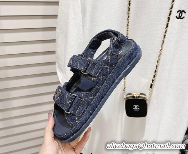 Luxurious Chanel Denim Strap Flat Sandals 021541 Dark Blue