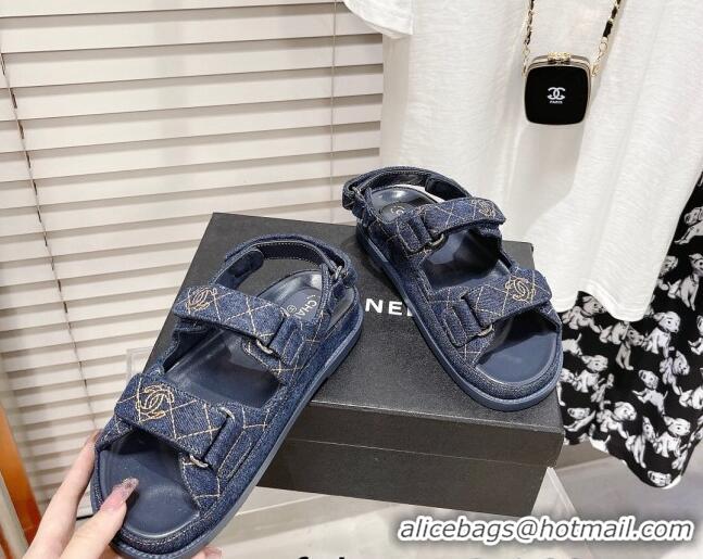 Luxurious Chanel Denim Strap Flat Sandals 021541 Dark Blue