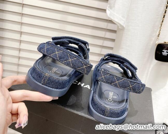 Luxurious Chanel Denim Strap Flat Sandals 021541 Dark Blue