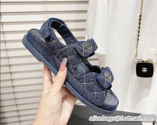 Luxurious Chanel Denim Strap Flat Sandals 021541 Dark Blue