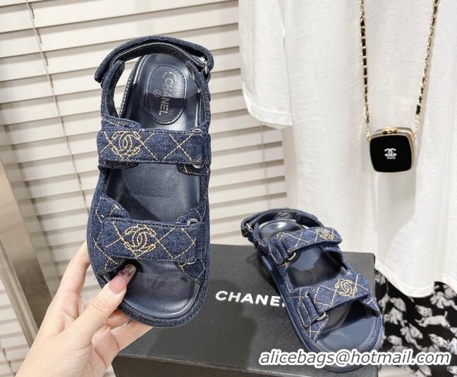 Luxurious Chanel Denim Strap Flat Sandals 021541 Dark Blue