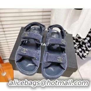 Best Grade Chanel Quilted Fabric Strap Flat Sandals 021544 Blue