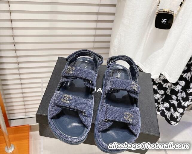 Best Grade Chanel Quilted Fabric Strap Flat Sandals 021544 Blue