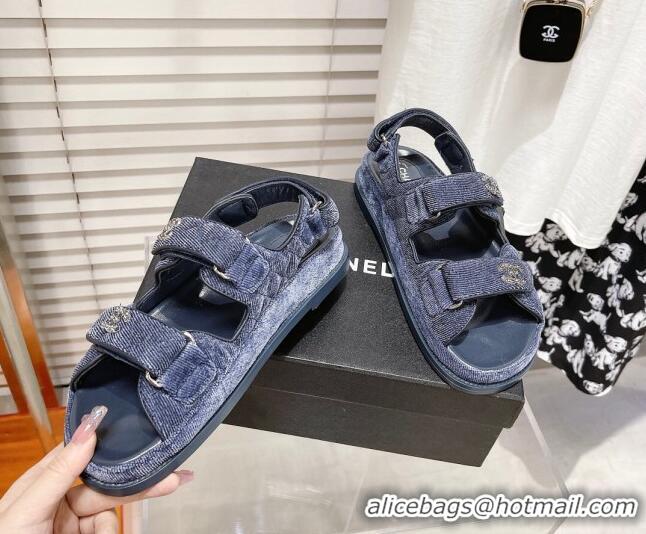 Best Grade Chanel Quilted Fabric Strap Flat Sandals 021544 Blue