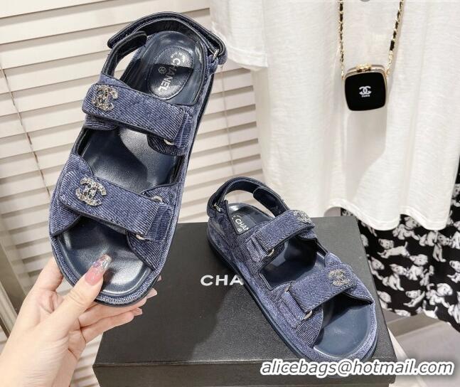 Best Grade Chanel Quilted Fabric Strap Flat Sandals 021544 Blue