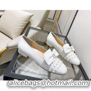 Top Grade Chanel Lambskin Loafers with Pearl and Bow 021546 White