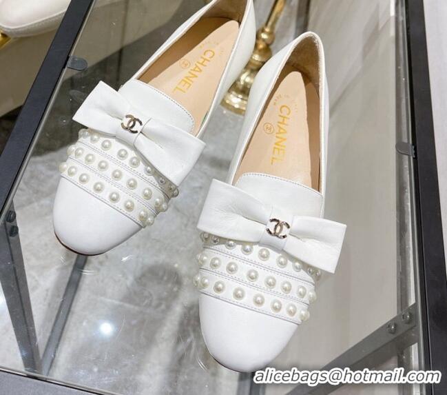 Top Grade Chanel Lambskin Loafers with Pearl and Bow 021546 White