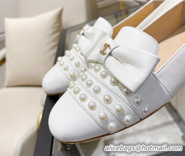 Top Grade Chanel Lambskin Loafers with Pearl and Bow 021546 White