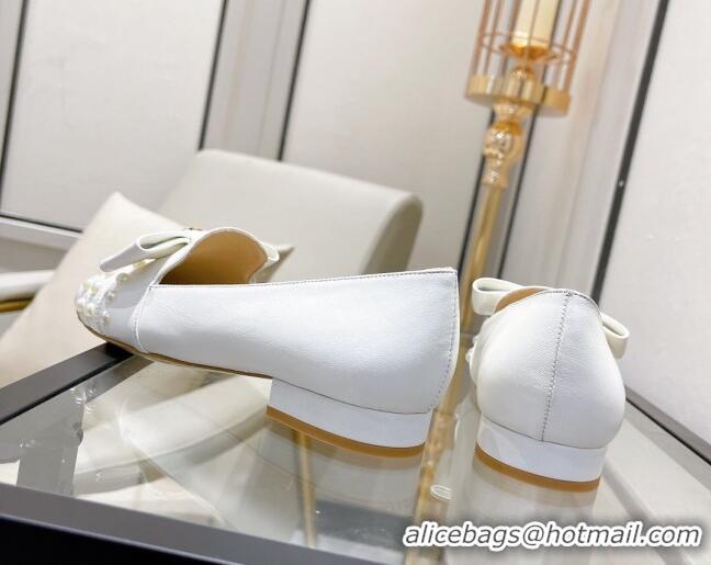 Top Grade Chanel Lambskin Loafers with Pearl and Bow 021546 White