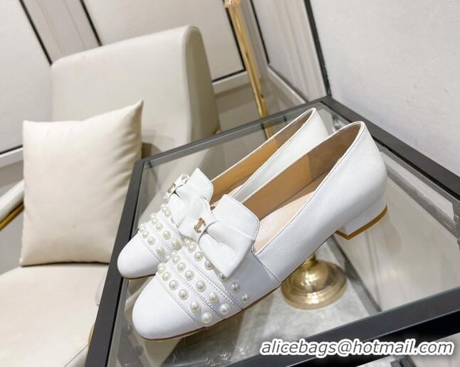 Top Grade Chanel Lambskin Loafers with Pearl and Bow 021546 White