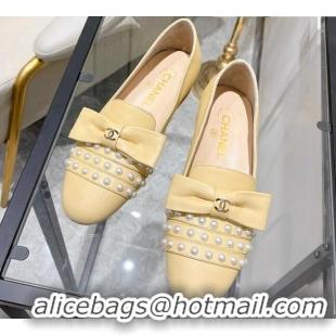 Newest Chanel Lambskin Loafers with Pearl and Bow 021546 Beige