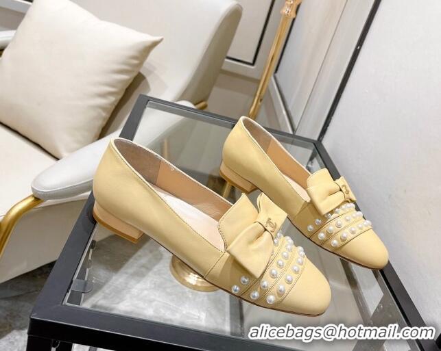 Newest Chanel Lambskin Loafers with Pearl and Bow 021546 Beige