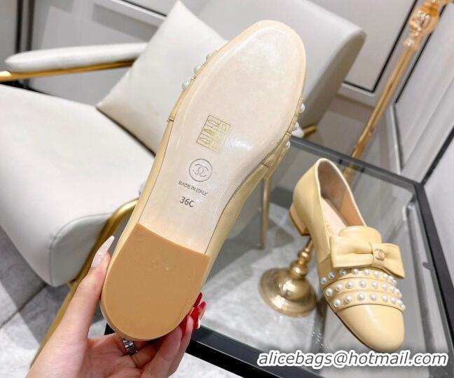 Newest Chanel Lambskin Loafers with Pearl and Bow 021546 Beige