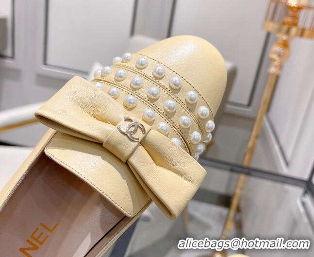 Newest Chanel Lambskin Loafers with Pearl and Bow 021546 Beige