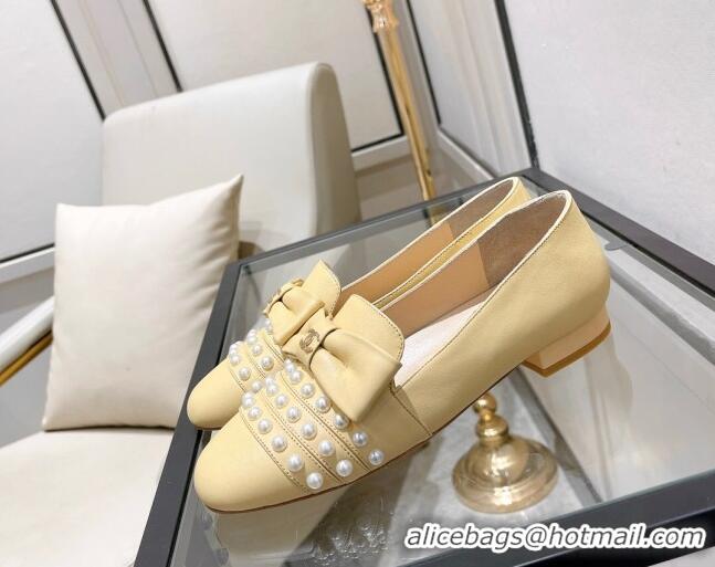 Newest Chanel Lambskin Loafers with Pearl and Bow 021546 Beige