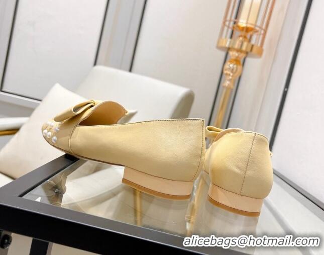 Newest Chanel Lambskin Loafers with Pearl and Bow 021546 Beige