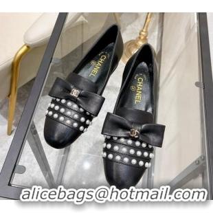 Popular Style Chanel Lambskin Loafers with Pearl and Bow 021546 Black