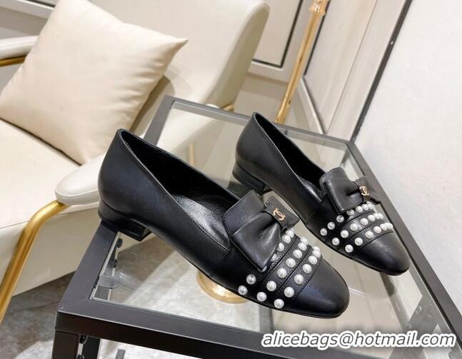 Popular Style Chanel Lambskin Loafers with Pearl and Bow 021546 Black