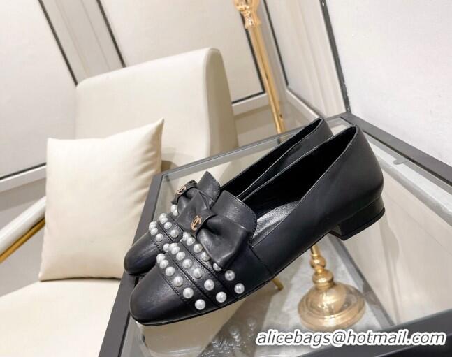 Popular Style Chanel Lambskin Loafers with Pearl and Bow 021546 Black