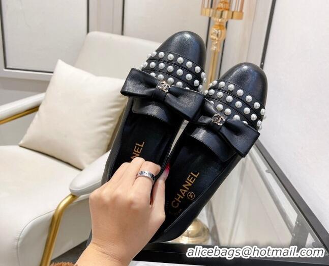 Popular Style Chanel Lambskin Loafers with Pearl and Bow 021546 Black