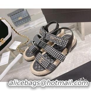 Luxury Chanel Houndstooth Strap Flat Sandals 021551 Black 2022