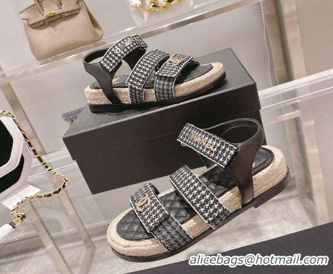 Luxury Chanel Houndstooth Strap Flat Sandals 021551 Black 2022