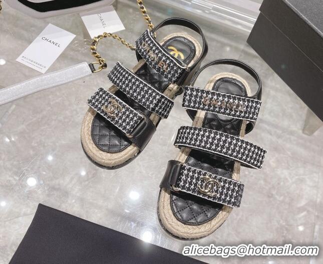 Luxury Chanel Houndstooth Strap Flat Sandals 021551 Black 2022