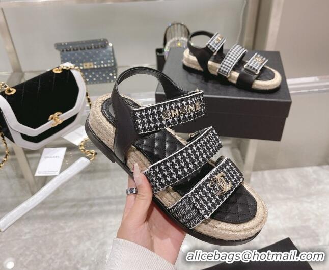 Luxury Chanel Houndstooth Strap Flat Sandals 021551 Black 2022