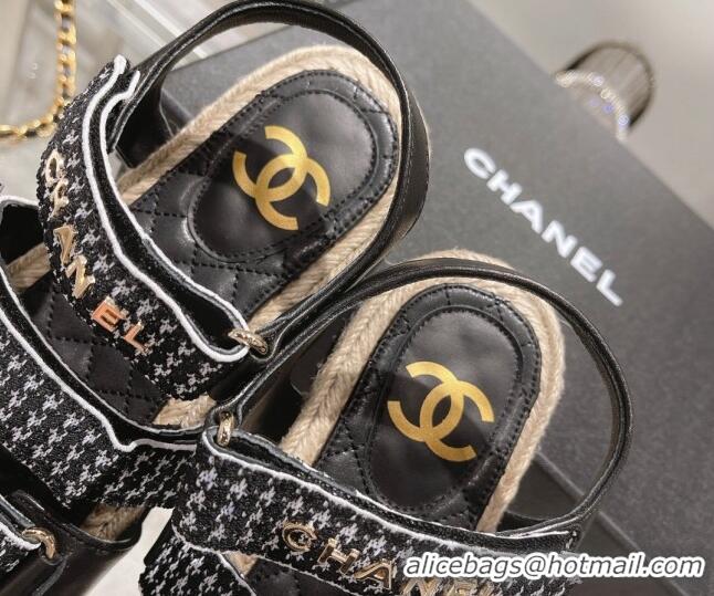 Luxury Chanel Houndstooth Strap Flat Sandals 021551 Black 2022