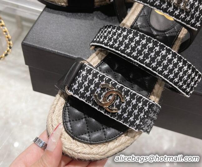 Luxury Chanel Houndstooth Strap Flat Sandals 021551 Black 2022