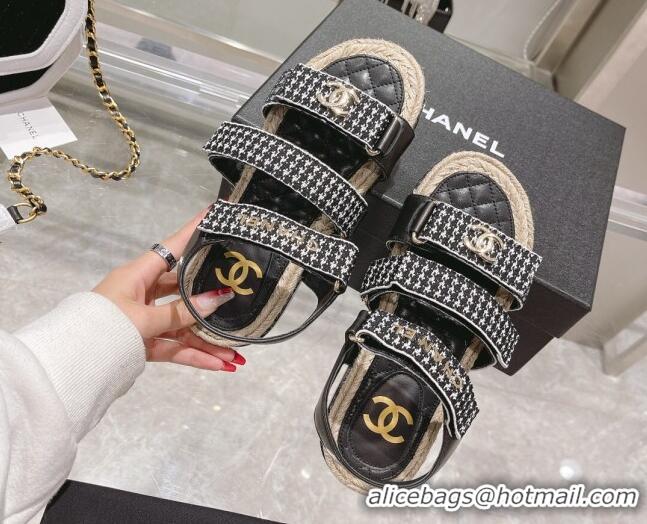 Luxury Chanel Houndstooth Strap Flat Sandals 021551 Black 2022