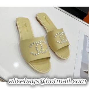 New Style Chanel Pearly CC Leather Flat Slide Sandals 021552 Yellow