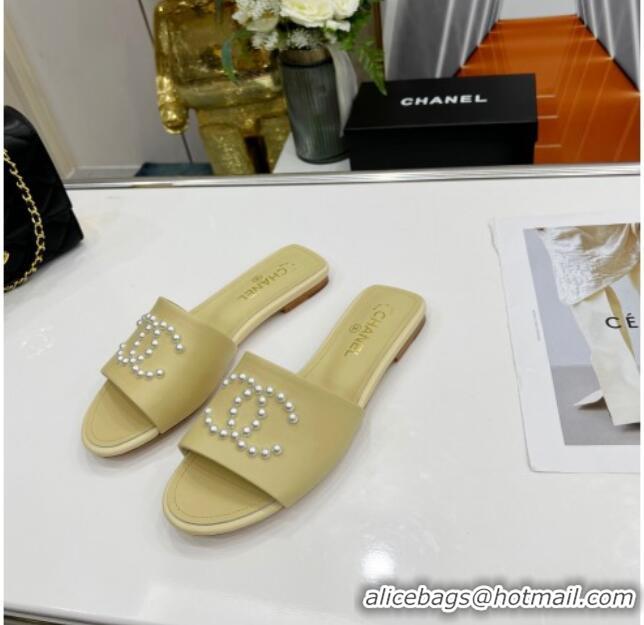 New Style Chanel Pearly CC Leather Flat Slide Sandals 021552 Yellow