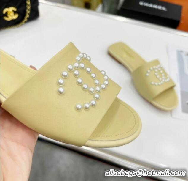 New Style Chanel Pearly CC Leather Flat Slide Sandals 021552 Yellow