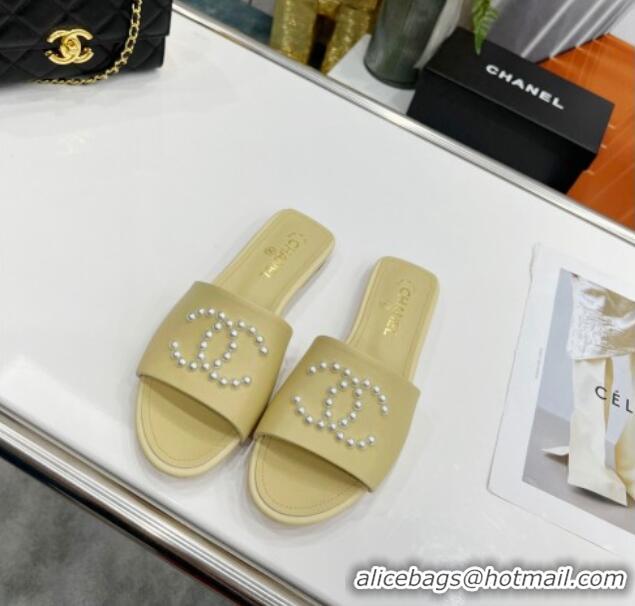 New Style Chanel Pearly CC Leather Flat Slide Sandals 021552 Yellow