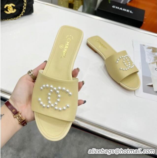 New Style Chanel Pearly CC Leather Flat Slide Sandals 021552 Yellow