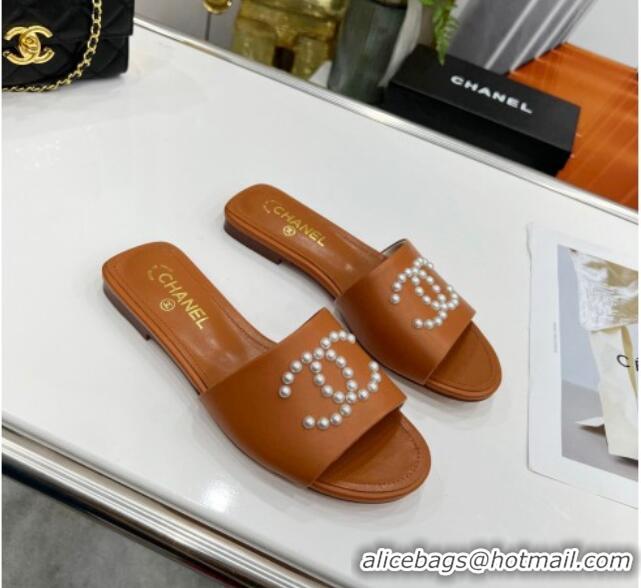 Best Price Chanel Pearly CC Leather Flat Slide Sandals 021552 Brown